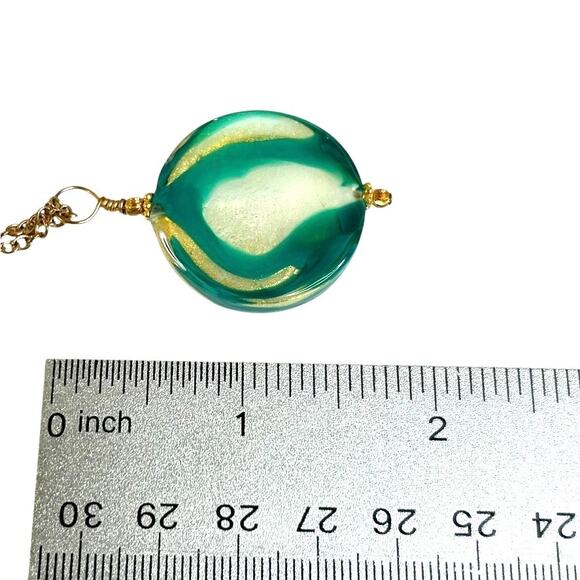 Fused Glass Green White Round Pendant Gold Tone Chain Necklace - Picture 3 of 6